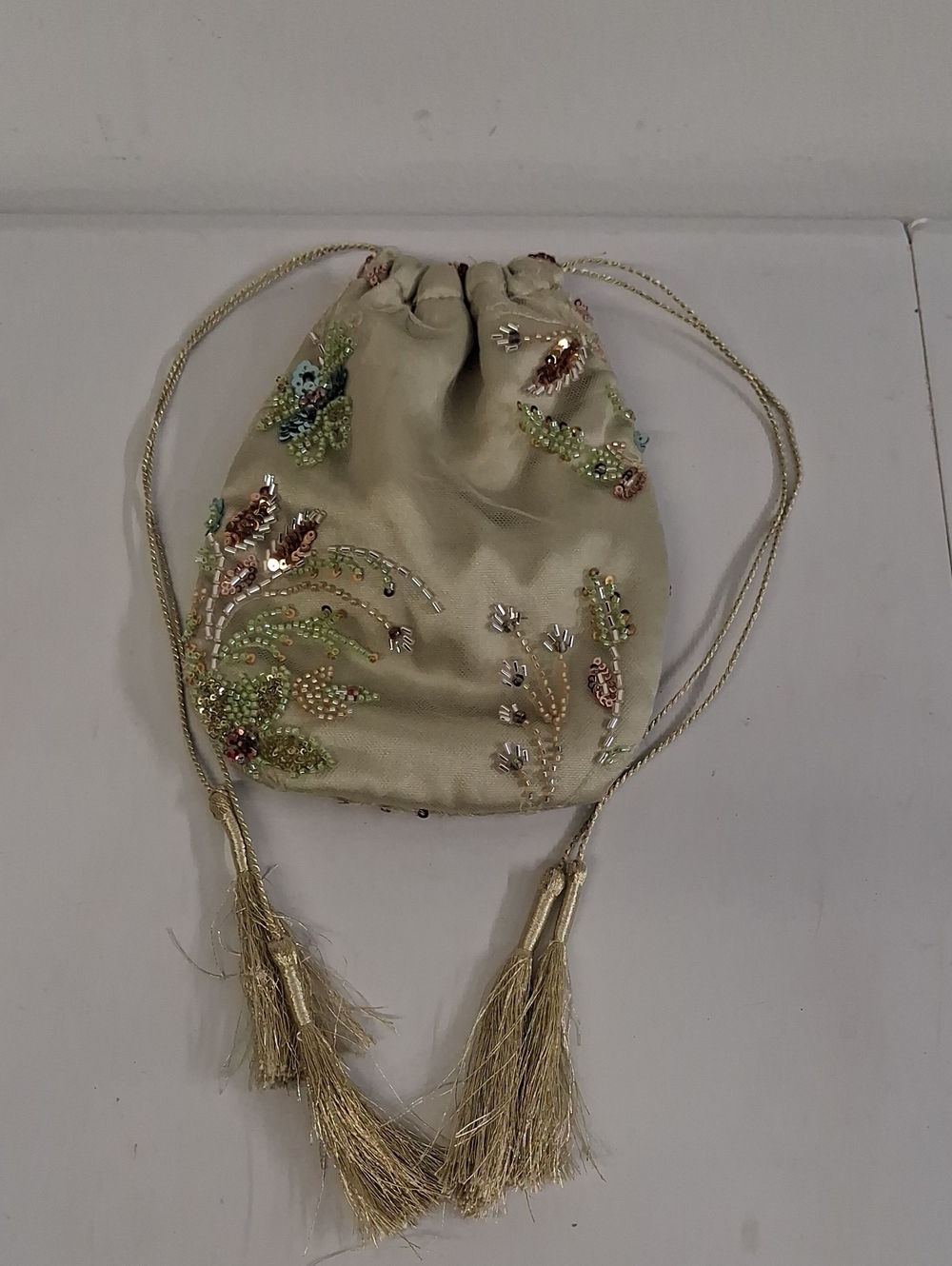 Embellished Drawstring Evening Pouch in Champagne